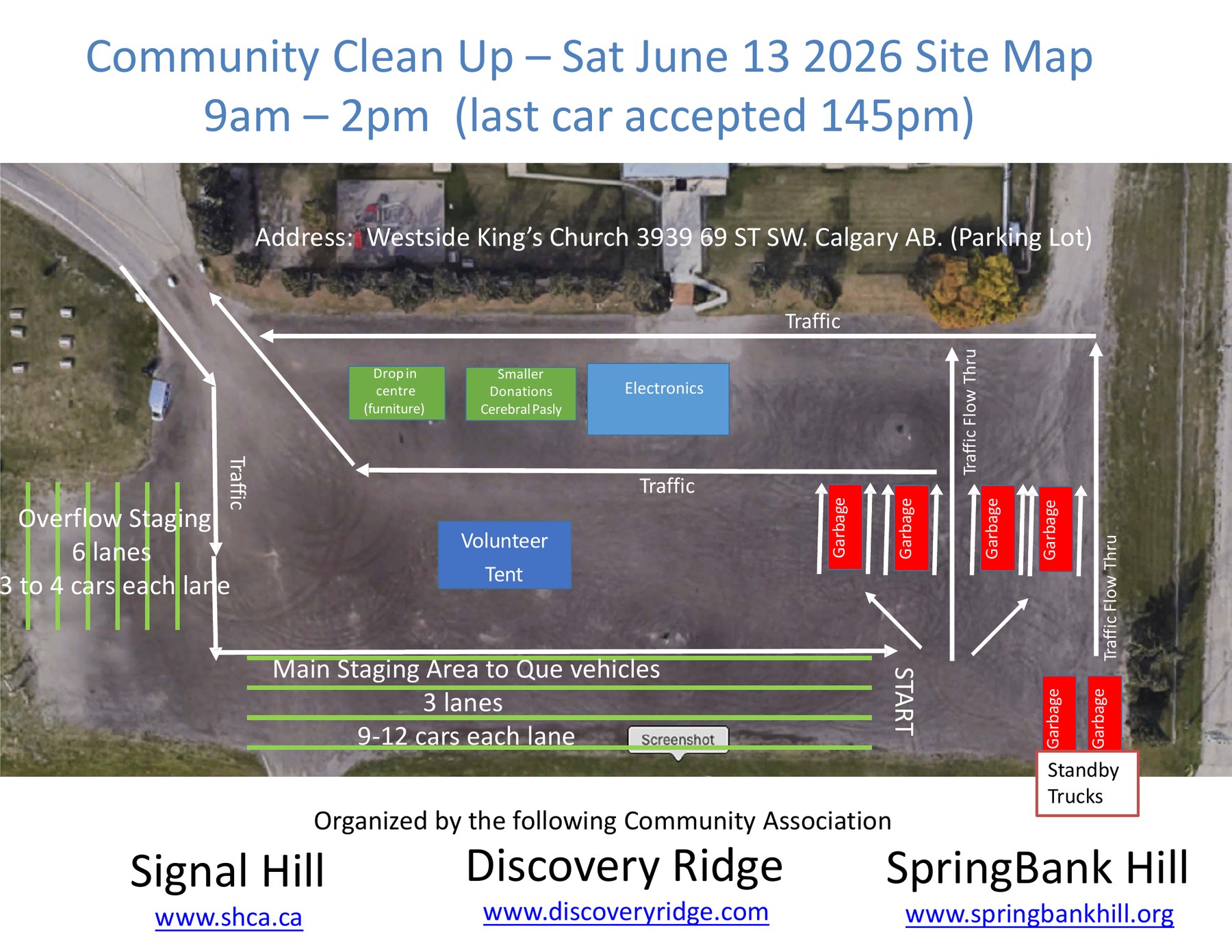Aerial site map of Westside King's Church lot for the 2026 Tri-CA Community Cleanup, showing the entrance and queue lanes, eight garbage trucks, donation tents (Drop-in Centre, Cerebral Palsy Alberta, Electronics), volunteer tent, and exit.