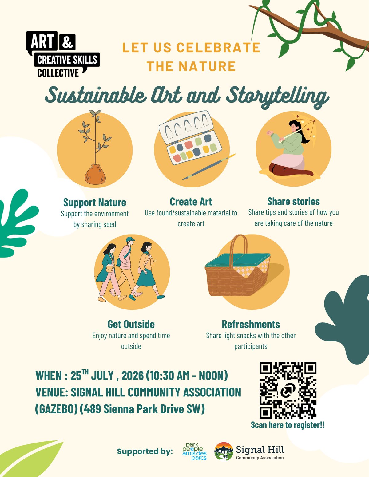 Sustainable Art and Storytelling event poster — Saturday July 25, 2026, 10:30 AM to noon at the Signal Hill Community Association gazebo, 489 Sienna Park Drive SW