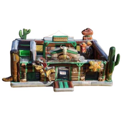 Little Rodeo preschool inflatable from AstroJump, Wild West theme with inflatable bull, soft obstacles, mini-slide, designed for ages 2 to 8.