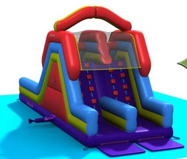 Monster Slide from AstroJump, 18-foot tall side-by-side dual-lane inflatable slide. Two riders can go down simultaneously.