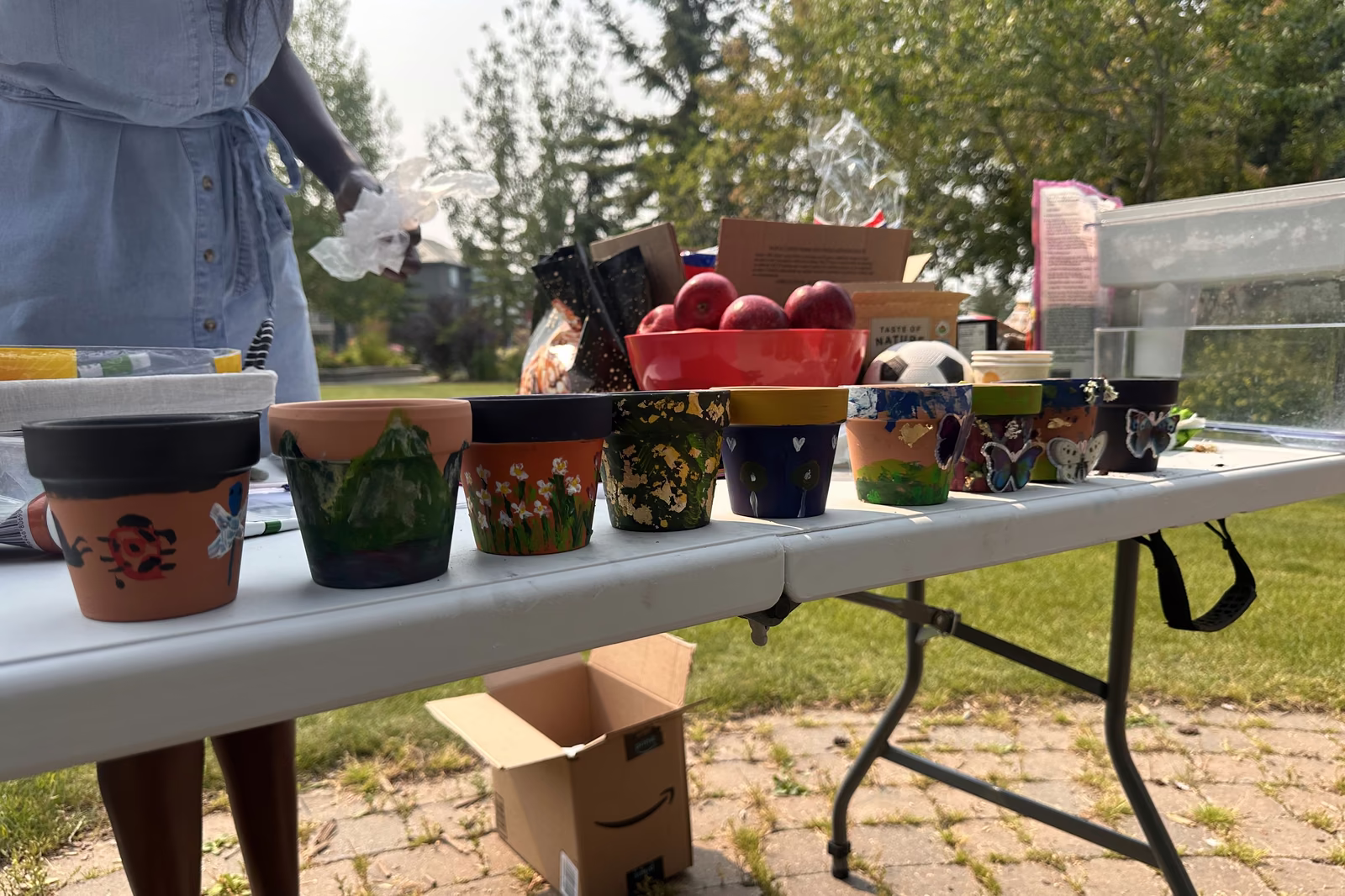 A row of finished hand-painted terracotta pots lined up along the table at the Signal Hill gazebo